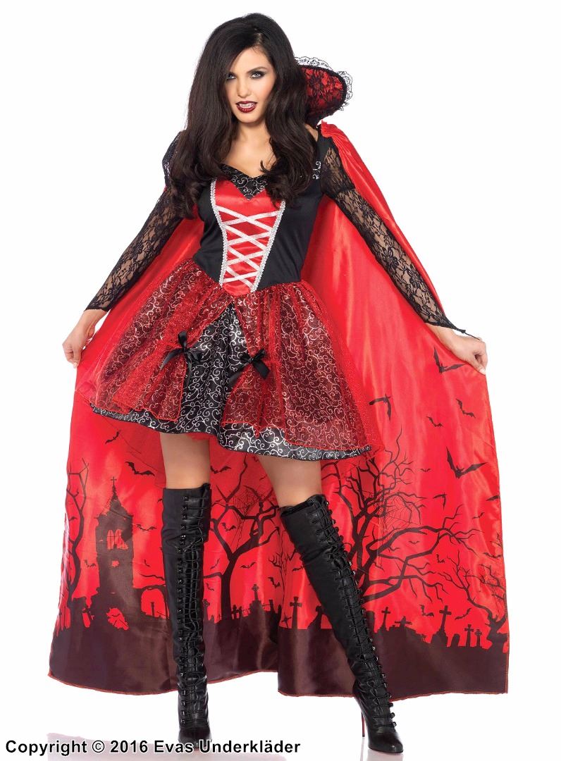 Vampyrklänning med kuslig cape, maskeradkostym